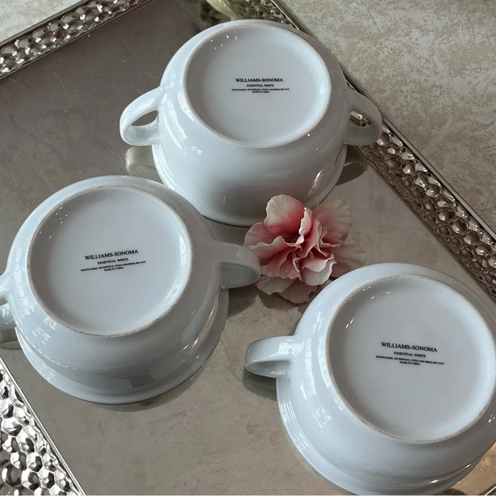 Williams Sonoma Set Of 3 Essential White Double Handled Soup/Cream Bowls 4 3/4
